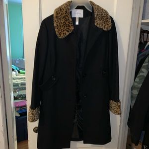 Long Wool-Blend Coat with Faux Cheetah Fur Collar